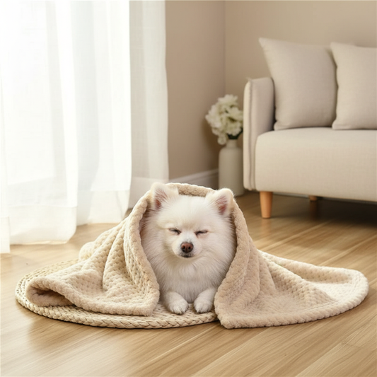 White Pomeranian with beige Latte blanket