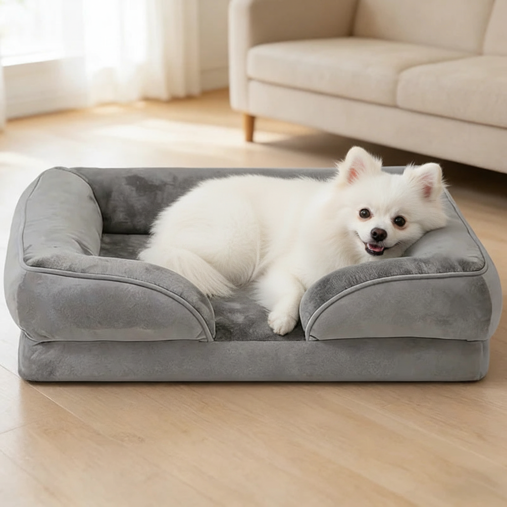 White Pomeranian in luxe orthopedic dog bed